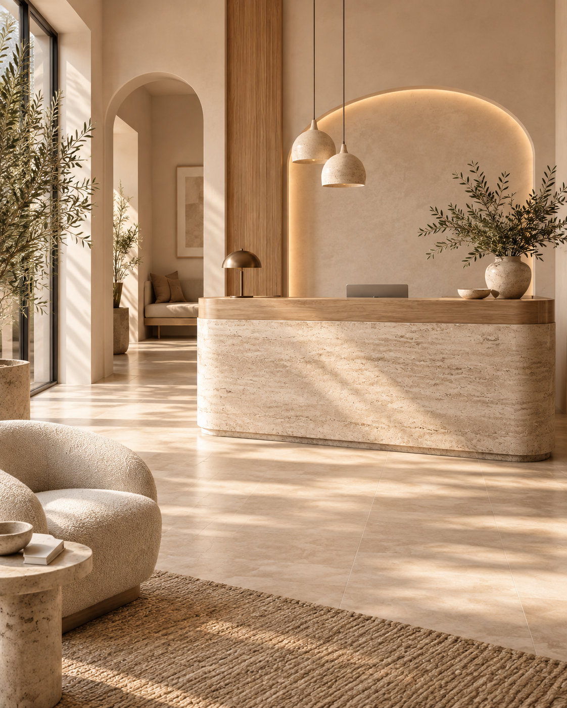 The reception: a travertine counter in soft daylight, with olive branches and an arched doorway beyond