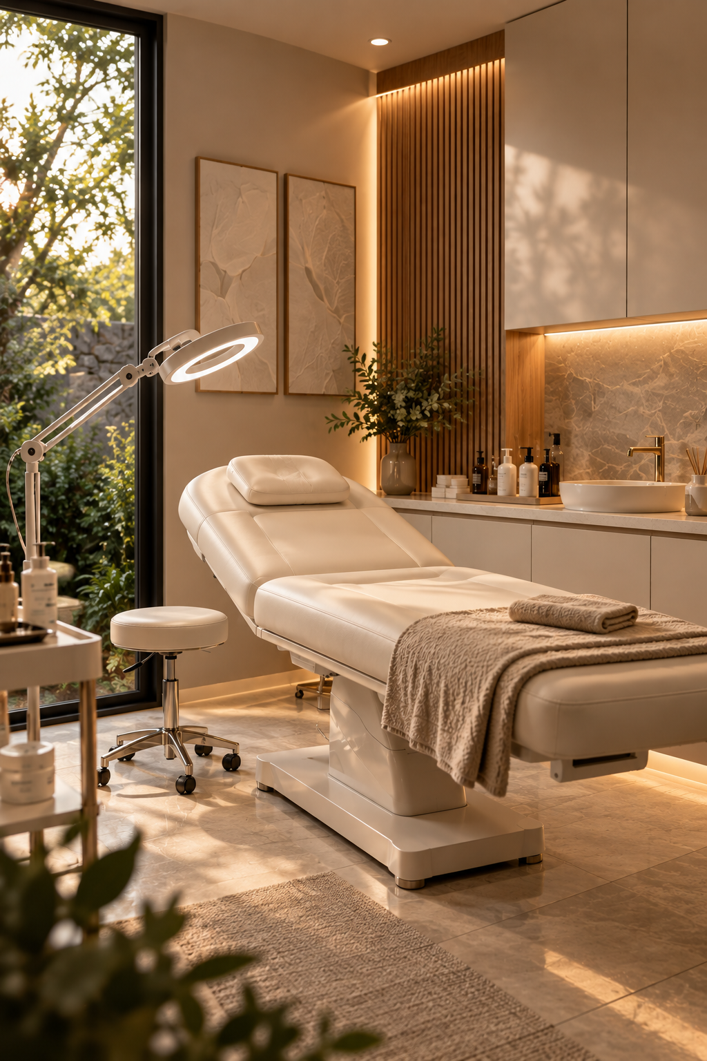 The treatment room: a cream treatment bed and folded towel in warm light, beside a window onto the garden