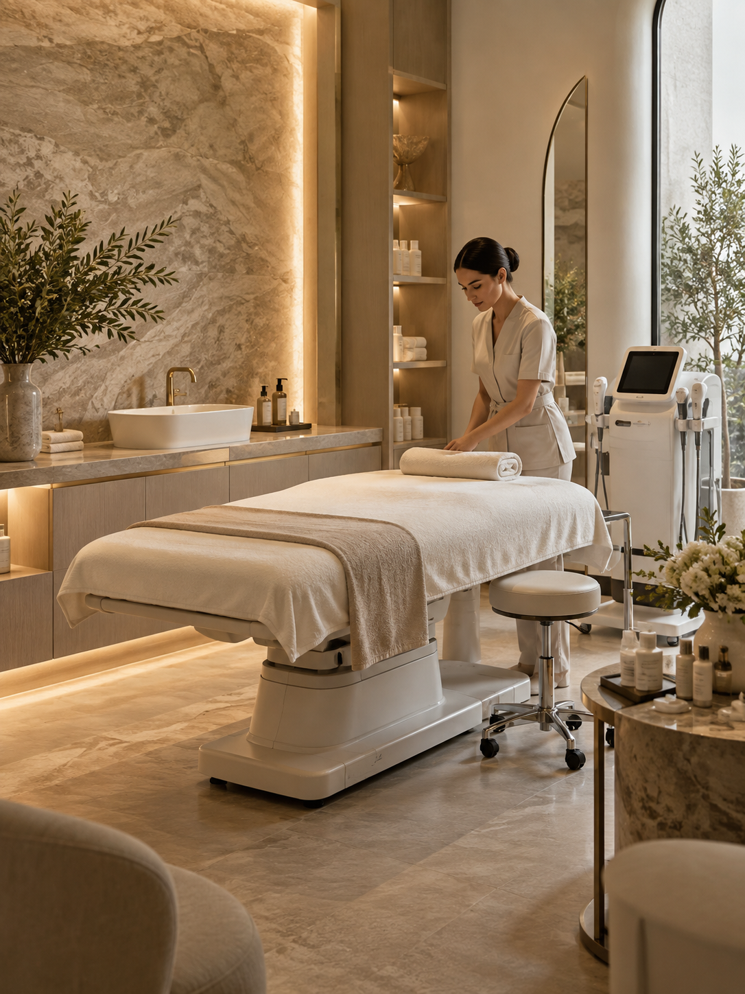 A contemporary treatment room prepared for a session