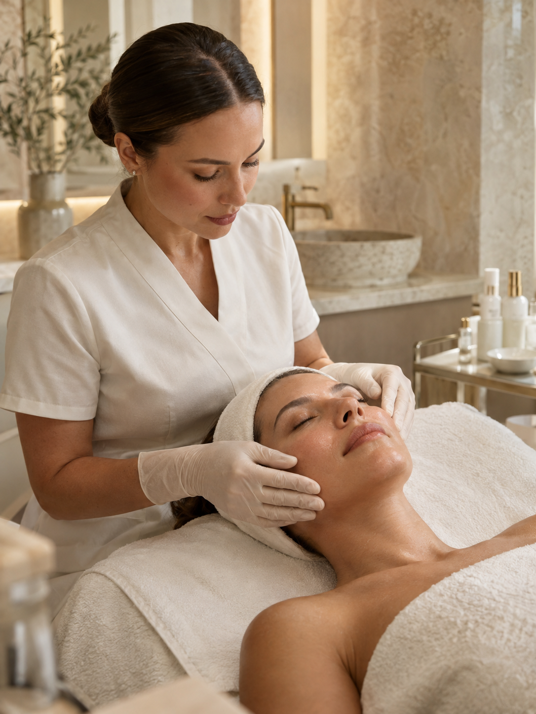 A facial treatment in progress in a calm, stone-toned studio
